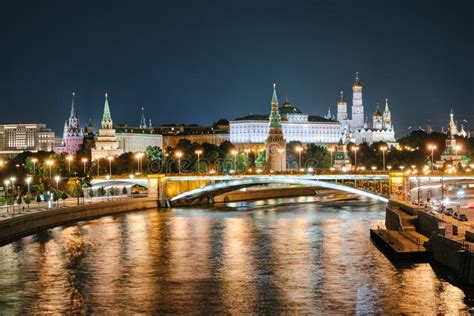 Famous Night View Of Moskva River And Kremlin Moscow Russia Stock