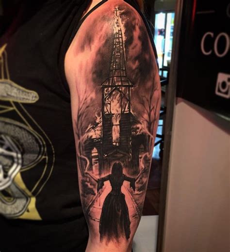 Witch And Burning Church Tattoos For Guys Tattoo Designs Men Half