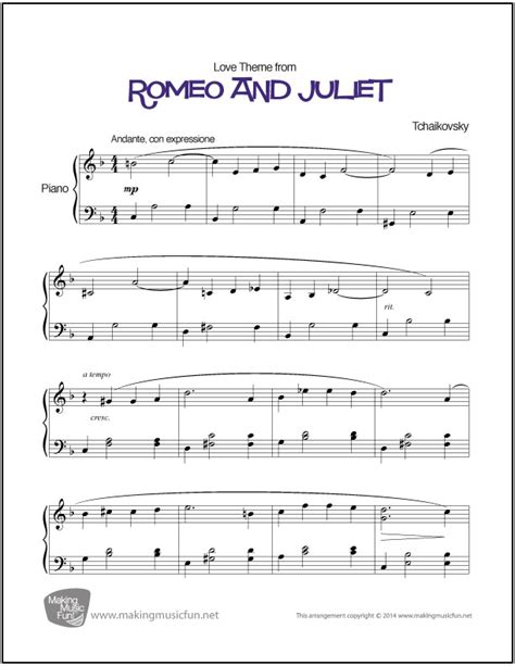 Play song with guitar, piano, bass, ukulele. Romeo and Juliet (Tchaikovsky) | Easy Piano Sheet Music ...