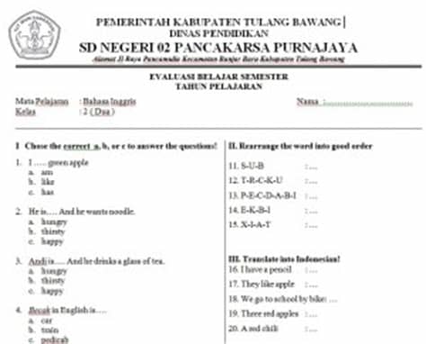 soal bahasa inggris kelas 1 | BelajarINGGRIS.net