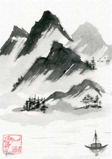 Mountain View Chinese Brush Sumi E Landscape Painting Ink Etsy