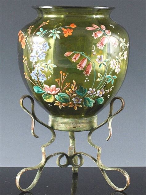 Lovely Victorian Moser Enamel Flowers Green Glass Vase In Original Brass Stand Ebay In 2022