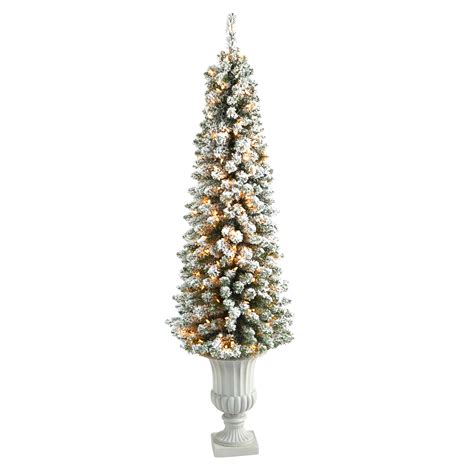 55 Flocked Pencil Artificial Christmas Tree With 200 Clear Lights And