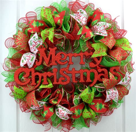 Glitter Merry Christmas Mesh Front Door Wreath Red Lime Green White