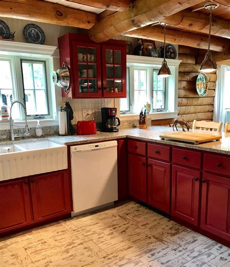 Log Cabin Kitchen With Red Painted Wood Cabinets So Charming Log