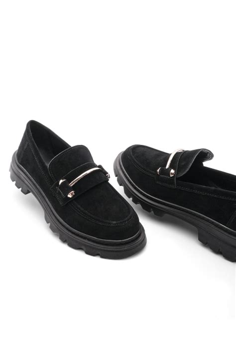 Kadın Loafer Kalın Taban Zincirli Günlük Ayakkabı Zolez Siyah Süet