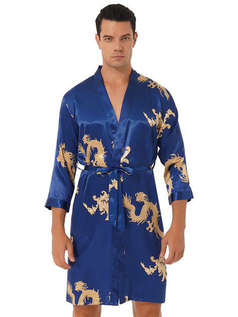 Mens Satin Robe Shorts Dragon Luxurious Silk Spa Long Sleeve Kimono Bathrobe Ebay