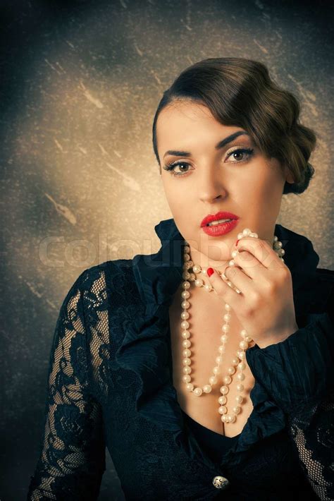 Portrait Of Retro Woman With Pearls Stock Image Colourbox