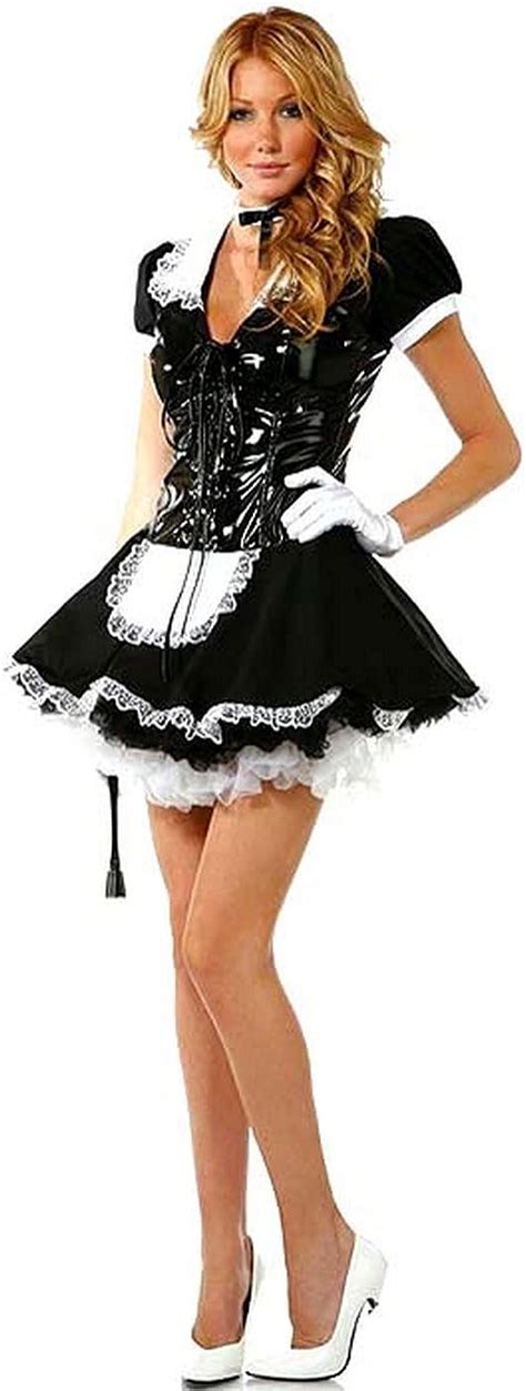 Ladies Flirty French Maid Uniform Fancy Dress Costume With Pvc Lace Up Bodice Uk 14