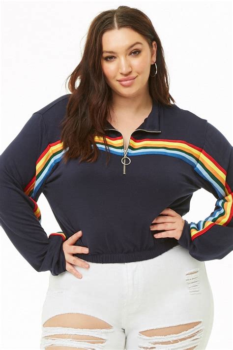 Plus Size Rainbow Striped Trim Crop Top Curvy Girl Fashion Girl
