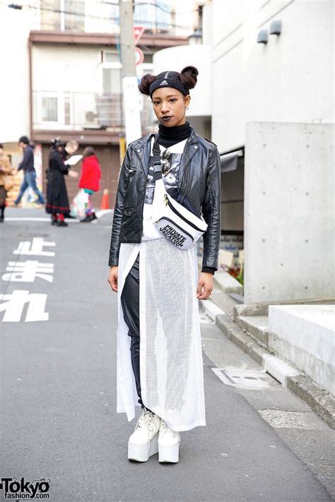 Double Bun Hairstyle Biker Jacket Sheer Skirt And Platforms In Harajuku Tokyo Fashion