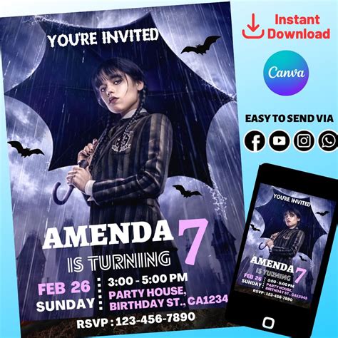 Wednesday Addams Birthday Invitation Template