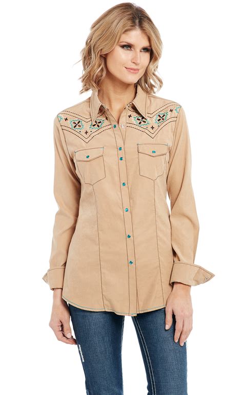 Cowgirl Up Cowgirl Up Womens Tan Polyester Microsuede Stitch Western Shirt Ls L