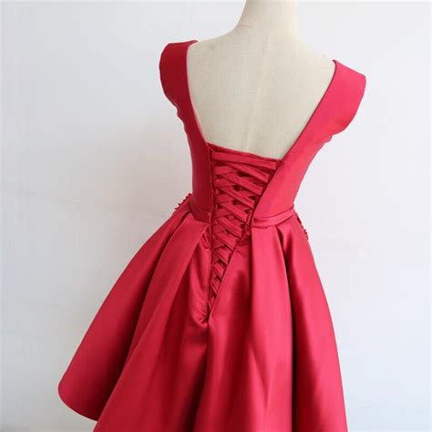 red round neckline short satin party dresses red formal dresses party dresses for on luulla