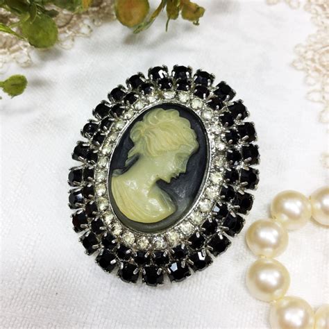 Vintage 3 Row Rhinestone Black Cameo Brooch Cameo Pin Cameo Jewelry