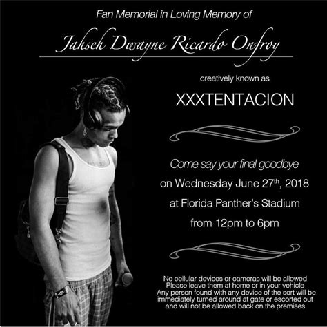 Jun 19, 2018 · the final picture of rapper xxxtentacion has emerged, with the image taken just minutes before he was gunned down in miami, florida, on monday. XXXTentacion attends his own funeral in video released ...
