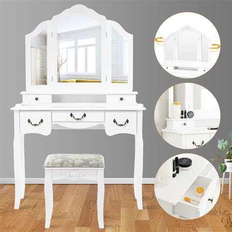 White Tri Folding Mirror Vanity Makeup Table Dressing Desk ...