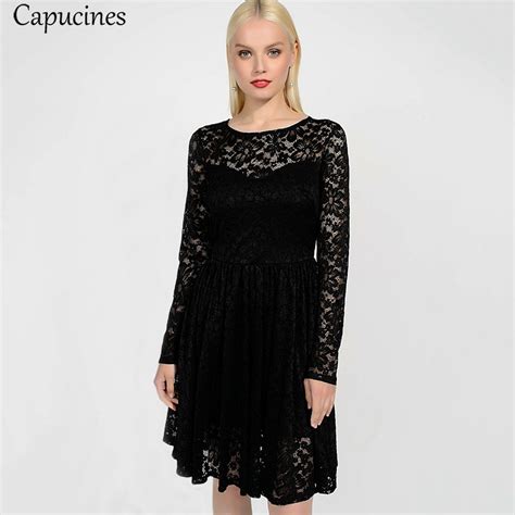 Sexy Hollow Out Black Lace Dress Women Elegant Long Sleeve O Neck