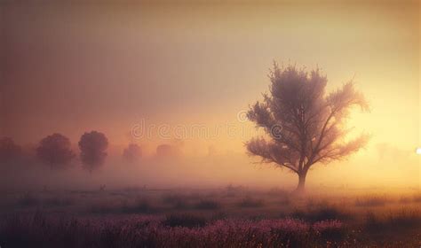 A Foggy Field With A Lone Tree In The Middle Of The Field At Sunrise Or