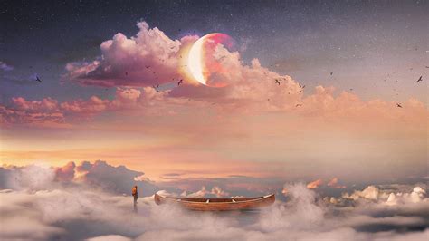 Download Wallpaper 1920x1080 Surrealism Boat Clouds Lonely Man Starry Sky Full Hd Hdtv