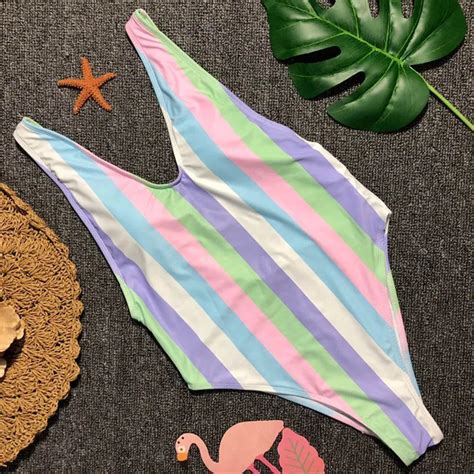 bgteever mulheres striped one piece swimming suit v profundo backless swimsuit alta corte sexy