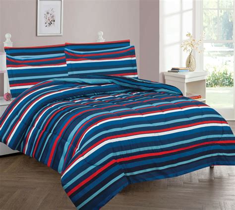 3pc Twin Stripe Bed Comforter Set With Fitted Sheet Boys