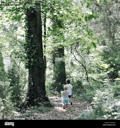 Two Boys Walking In The Woods Stock Photo Alamy