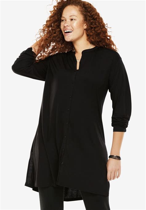 Mandarin Collar Maxi Tunic BLACK 30 32 Womens Tunics Clothes