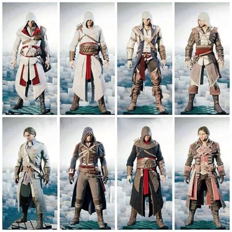Ac Unity Outfits Left To Rightac Brotherhood Ezio Ac1 Altair Ac3 Connor Ac4 Edward Pierre