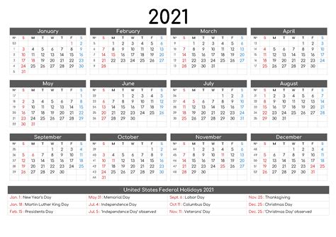 Yearly 2021 Printable Calendar Template Pdf Word Excel
