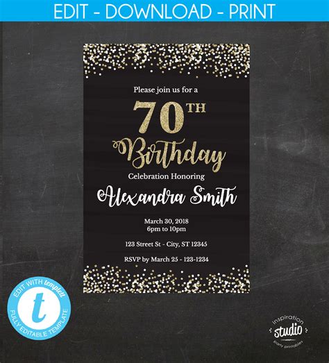 70th Birthday Invitation 70th Birthday Invite Black And Gold Etsy