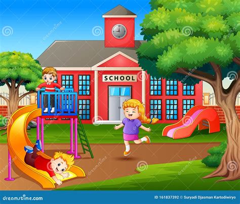 Cartoon Kids Playing On The School Playground Stock Vector