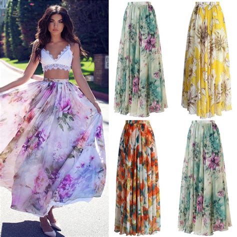 New Boho Women Floral Skirt Long Maxi Full Skirt Summer Beach Sun