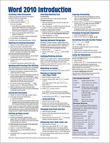 Microsoft Word 2010 Introduction Quick Reference Guide Cheat Sheet Of