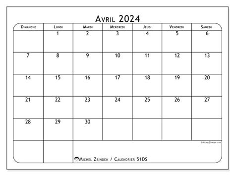 Calendrier Avril 2024 51 Michel Zbinden Fr
