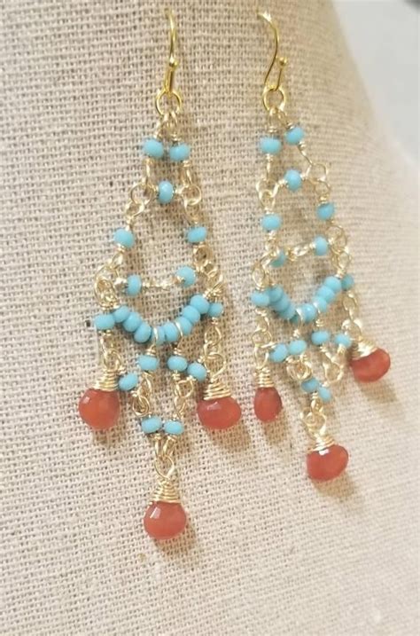 Turquoise And Orange Colored Chandelier Earrings Light Blue Etsy