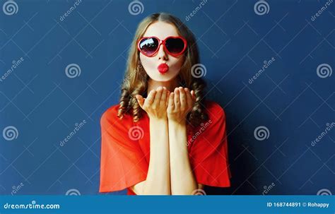 Portrait Beautiful Young Woman Blowing Red Lips Sending Sweet Air Kiss