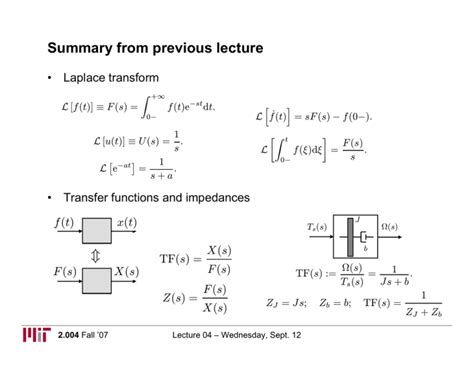 summary from previous lecture laplace transform