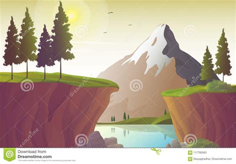River Landscape With Mountain And Cliff Vector Illustration Stock