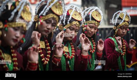 kathmandu bagmati nepal 30th dec 2022 women from ethnic gurung community dance as they