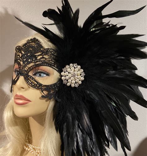 Black Lace Masquerade Mask With Feathers And Pearl Brooch Masked Ball