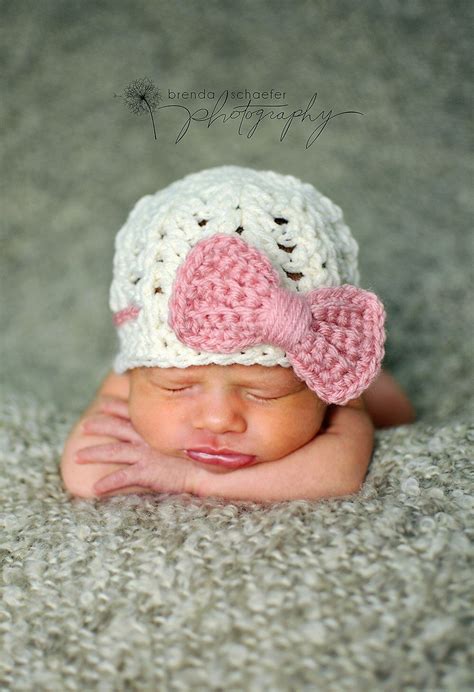 Newborn Girl Hat Baby Girl Hat Cream And Pink Bow Beanie Photography