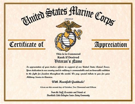 Printable Veterans Certificate Of Appreciation Template Free