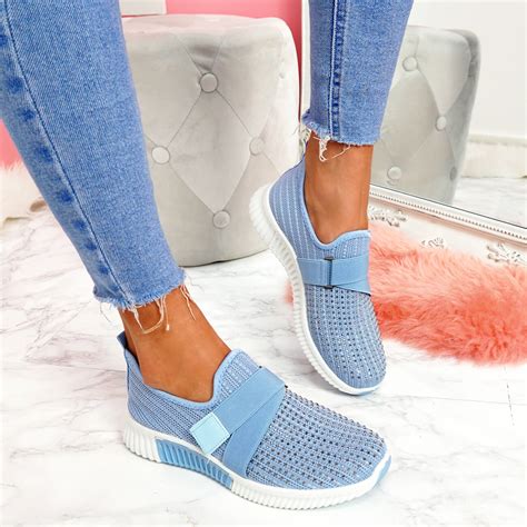 Womens Ladies Knit Slip On Trainers Diamante Studs Women Party Sneakers