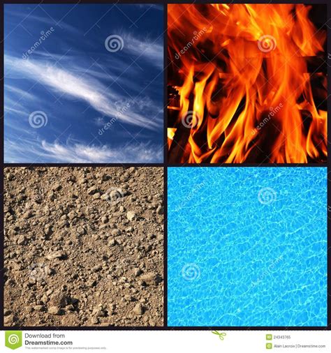 The basest element, earth, created using all the other elements, can be perceived by all five senses — (i) hearing, (ii) touch, (iii) sight, (iv) taste, and (v) smell. Four Elements Royalty Free Stock Photo - Image: 24343765