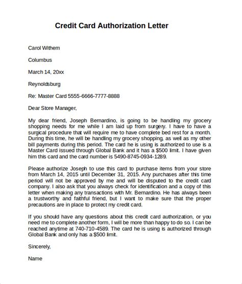 sample credit card authorization letter