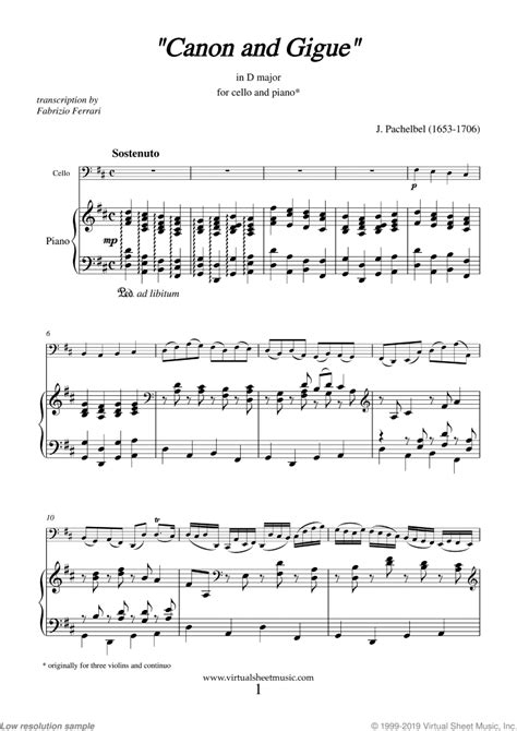 Canon In D Sheet Music For Cello And Piano Pdf Interactive