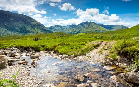 Scotland Nature Scenery Mountains Grass Stream Rocks Water Valley