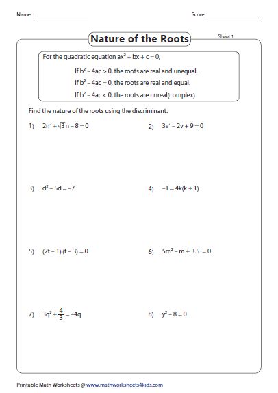 Quadratic Formula And Discriminant Worksheet Pdf Answer Key