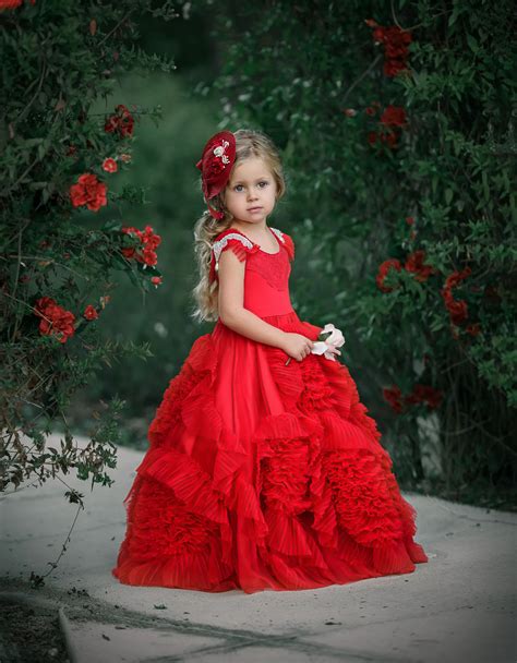 Lsw155 Oem Princess Little Girls Dresses With Flowers And Red Kids Ball